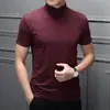 Camiseta Masculina de Manga Curta Gola Alta Slim Fit, Algodão Puro de Alta Elasticidade, Cor Sólida, Tendência Primavera/Verão, Camada Base