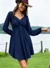 Comercio exterior transfronterizo estilo europeo y americano otoño nuevo vestido con cuello en V y torsión frontal, mangas largas, entallado a la cintura, adelgazante, vestido de longitud media