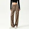 Pantalones de fitness rectos con estampado de leopardo para mujer, de cintura alta, holgados, con caída, pantalones deportivos, casuales, adelgazantes, de pierna ancha, pantalones de yoga