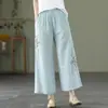 Calça reta de perna larga de algodão e linho bordada estilo étnico retrô para mulheres, cor sólida, cintura elástica, estilo solto, fina, para 100kg, para primavera e verão