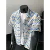 Camisa de Manga Curta com Design de Cor Contrastante Texturizado Vazado Estilo Feriado Estilo Coreano Camisa Casual Solta de Verão para Homens
