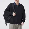 Moletom simples estilo americano com retalhos, falso duas peças, gola polo para homens, jaqueta de manga comprida, jaqueta casual leve de outono, cor cinza claro