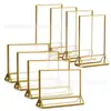 Tarjeta de Mesa Acrílica Transparente con Borde Dorado Forma de T Placa de Número de Boda Tarjeta de Mesa Combinada Etiqueta de Precio Vertical para Catering y Bebidas