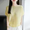 Suéter de Tricô Canelado de Tencel de Verão para Mulheres, Pulôver Vintage com Botões e Mangas Flare, Macio e Amigo da Pele, Simples e Adequado para o Trabalho