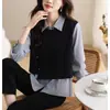 Camisa a rayas falsa de dos piezas para mujer, de manga larga, diseño único, chaleco vintage, top estilizado y elegante, versátil para primavera