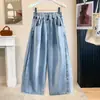 Toma real de pantalones vaqueros cropped de pierna ancha de cintura alta de color liso de verano talla grande estilo europeo 26, pantalones casuales rectos de algodón para mujer, ligeros