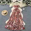 Vestido Longo Elegante Estilo Férias Estampado Tomara-que-caia Sexy Curto Sem Mangas Costas Abertas Amarração na Cintura para Afinar a Silhueta para Mulheres Verão Menina Quente