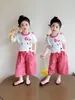 Conjunto de Niña 2026 Moda de Verano Gato de Dibujos Animados de Moda Pantalones Cuadros Casuales Conjunto de Dos Piezas para Niños