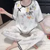 Pijama Nuevo Estilo Chino para Mujer, Conjunto de Dos Piezas de Algodón Nube de Verano con Mangas Cortas y Pantalones Largos, Conjunto Dulce y Casual de Estilo Nacional para Casa