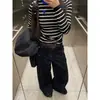 2025 Nuevo Otoño Hombro Normal Petite Manga Larga Capa Base Camisa de Punto Bordada Rayas Azules para Mujer
