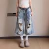 Jeans Cortos Americanos Retro Lavados Rotos para Hombre y Mujer, Guapos de Calle Sueltos Drapeados Rectos de Pierna Ancha