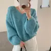 Suéter con cuello en V de tacto relajado y sofisticado, corte holgado para mujer, un impresionante top de punto para otoño e invierno, estilo coreano, engrosado y elegante