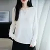Camisa Top Base Lisa de Manga Larga con Cuello en V de Punto Doble de Lino Tencel para Mujer, Nueva de Verano, Holgada
