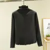 Camiseta con Bordes Fruncidos, Camiseta Base Engrosada, Corte Ajustado, Forro Polar, Color Sólido, Cuello Medio Alto para Mujer, Capa Interior Cálida, Manga Larga, Otoño e Invierno
