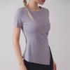 Cross-border New Yoga Clothing Mulheres Verão Quick-drying T-shirt fina Split manga curta Top Running Sports Fitness Vestuário Tamanho Grande