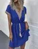 Amazon 2023 Europeu e Americano Comércio Exterior Transfronteiriço Primavera e Verão Cor Sólida Manga Curta Renda Decote V Cintura Marcada Vestido Moda