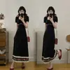 Vestido Retrô Color Block com Mangas Bufantes Estilo Francês Plus Size, Vestido de Verão para Férias com Ajuste na Cintura e Renda na Barra, Saia Longa Evasê