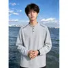 Nueva camiseta de manga larga tipo gofre con cuello Henry estilo americano para hombre, estilo callejero de primavera y otoño, elegante camiseta base acanalada para hombre