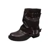 Hebilla de cinturón estilo western botas de caña alta nuevas de verano para mujer botas de tacón grueso arrugadas hasta la mitad de la pantorrilla estilo ropa de trabajo botas de montar