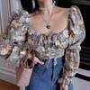 Camiseta sexy de manga larga con cuello cuadrado y estampado floral para mujer, diseño europeo y americano, cintura alta, corta y recortada, a la moda.