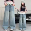 Jeans de Pierna Ancha de Moda para Niñas, Novedad Primavera 2026 Estilo Coreano Cintura Alta Adelgazantes Pantalones de Pierna Ancha con Adorno de Encaje
