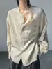 Camisa de Algodão e Linho com Borda Desfiada Estilo Old Money para Homens, Manga Longa, Estilo Fino de Primavera, Sensação Retrô Americana, Camisa Casual com Proteção Solar