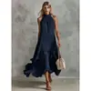 Comércio Exterior Transfronteiriço Europeu e Americano Verão Retrô Elegante Casual Moda Cor Sólida Sem Mangas Franzido Comprimento Médio Vestido de Praia