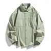 Camisa Masculina de Algodão Lavado Estilo Retrô Americano Gola Lapela Ombro Caído Cor Sólida Manga Longa Camisa Jaqueta Casual para Trabalho Pode Ser Usada por Fora