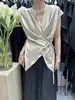 Elegante Camisa Negra con Cordones para Mujer 2025 Nueva Moda de Verano Ceñida a la Cintura Irregular Acetato Adelgazante sin Mangas