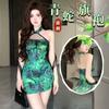 Talla Extra Hada Serpiente Verde Pequeña Cheongsam Cosplay Sexy Cuello Alto Cuello Halter Chal Vestido de Malla Transparente Falda Bodycon