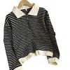 Sudadera con Cuello Polo Talla Grande Rayas Americanas Cremallera Chaqueta de Manga Larga para Mujer Nuevo Diseño Primavera y Otoño 2025