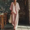 2026 Moda Casual Feminina Transfronteiriça Europeia e Americana Cor Sólida Decote V Solto Manga Curta Calças Casuais Conjunto de Duas Peças Roupa Feminina