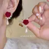 Pendientes de Flor Vintage de Terciopelo Rojo Pendientes de Botón Colgante de Perla Lujo Ligero Lazo Boda Vestido de Novia Vestido de Brindis