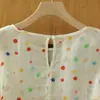 Camisa Estilo Babydoll Colorida de Lunares Estilo Japonés Dulce y Literaria de Verano Estilo Perezoso Holgado Camisa Versátil de Lino