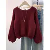 Blusa de Tricô Rosa com Manga Lanterna Feminina 2026 Nova Outono Plus Size Meninas Cheinhas Emagrecimento Solta Estilo Preguiçoso Peça de Roupa Exterior