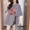 Camiseta de Algodón Puro Estilo Coreano con Graffiti de Longitud Media y Abertura para Mujer con Tirantes de Lazo Personalizados para Barriga Grande mm Tops que Cubren la Barriga Sueltos