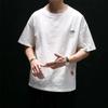 Camiseta de Lino de Manga Corta para Hombre Verano Cuello Redondo Moda Camiseta Holgada Delgada Manga Media Algodón y Lino Bordado Top de Lino