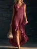 2026 Europeo y Americano Transfronterizo Amazon Nueva Moda Romántico Sin Mangas Cuello en V Dobladillo con Volantes Algodón y Lino Vestido Largo
