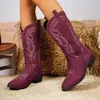 Botas Vaqueras Western Bordado Retro Cruzado para Mujer Punta Fina Tacón Grueso Caña Media Apertura en V Mate Botas de Jinete