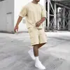 Moda Casual Esportiva de Verão Transfronteiriça Terno Masculino Manga Curta Shorts Confortável Secagem Rápida Cor Sólida Conjunto de Duas Peças