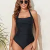 Traje de baño de una pieza con cuello halter transfronterizo europeo y americano para mujer, cuello cuadrado, fruncido, que oculta el abdomen, adelgazante, tankini conservador, traje de baño para viajes y vacaciones