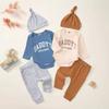 Traje transfronterizo de algodón para bebé y niño con letras estampadas, azul, albaricoque, chaqueta, pantalón gris marrón, sombrero, tres piezas, venta al por mayor