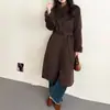 Outono/Inverno Novo Estilo Coreano Elegante Emagrecedor Gola Alta Patchwork Cadarço Longo Lã Dupla Face Casaco Feminino