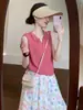 Chaleco de punto hueco con solapa estilo "old money" francés para mujer, camiseta polo de verano fina ajustada con cuello en V, top sin mangas