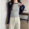 Camiseta Feminina Retro Americana Manga Longa Outono 2025 Nova Cor Color Block Gola Redonda Slim Fit Camisa Base Top Patchwork