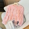Cárdigan de punto peludo de color liso, cuello redondo, manga larga, estilo lady para mujer en otoño, con abalorios pesados, corte holgado, top corto suave y ceroso