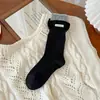 Meias arrastão para mulheres, estilo coreano, INS, color block, punho canelado duplo, borda enrolada, meias de cano médio, estilo Miu, aplique de tecido com letras, meias slouch da moda