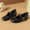 Zapatos de verano slip-on para mujer de estilo retro francés con hebilla metálica, planos poco profundos de cuero genuino retro francés con punta redonda