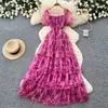 Vestido Floral Delicado Estilo Francês com Mangas Bufantes para Mulheres, Versão Coreana de Verão, Decote Quadrado, Cintura Alta, Modelo Evasê Elegante em Camadas, Emagrecedor