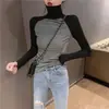 Camiseta Base de Cuello Alto para Mujer, Camisa Estilo Coreano Ajustada para Primavera y Otoño, Camiseta Interior Roja Oscura de Manga Larga, Top Ajustado con Cuello Superpuesto